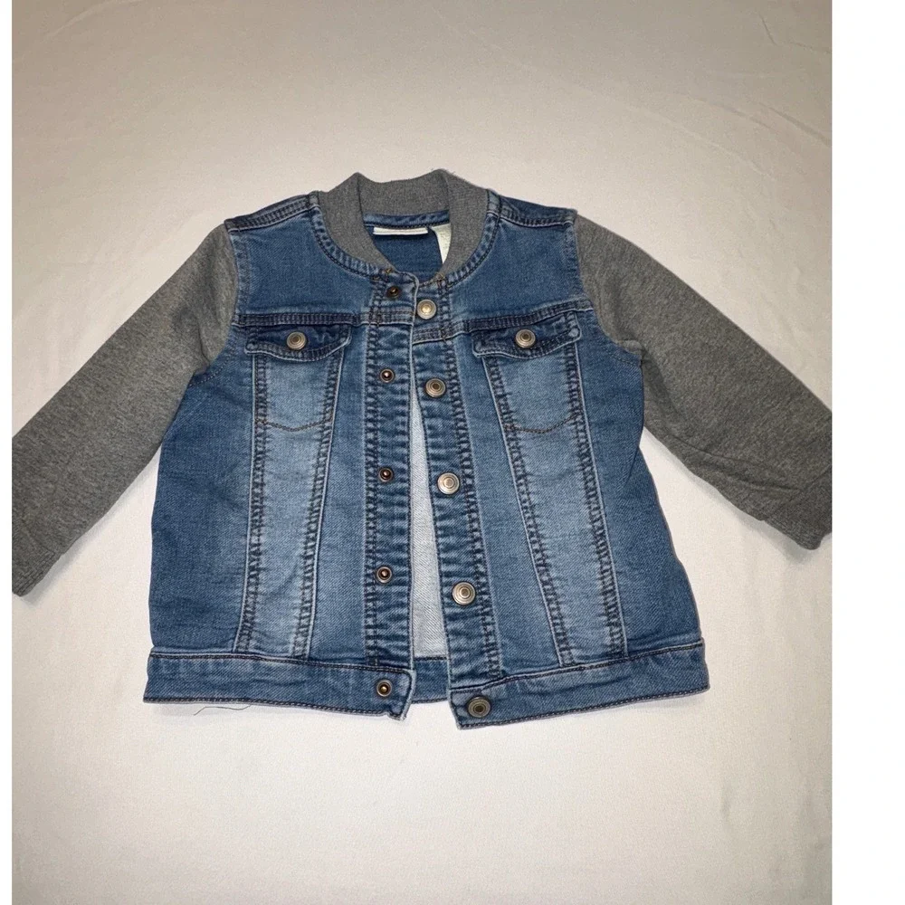 First Impressions Toddler Denim Jacket Grey Knit Sleeves Blue Jean 24 Months